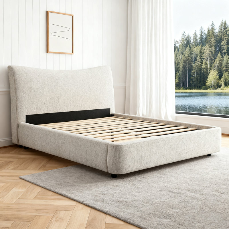 Lit plateforme élégant avec revêtement en chenille et structure en bois d'hévéa massif pour les chambres modernes, Grand lit