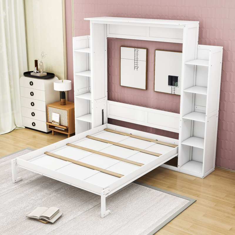Lit escamotable avec armoires de rangement doubles et DEL de nuit intégrée, Grand lit, Blanc