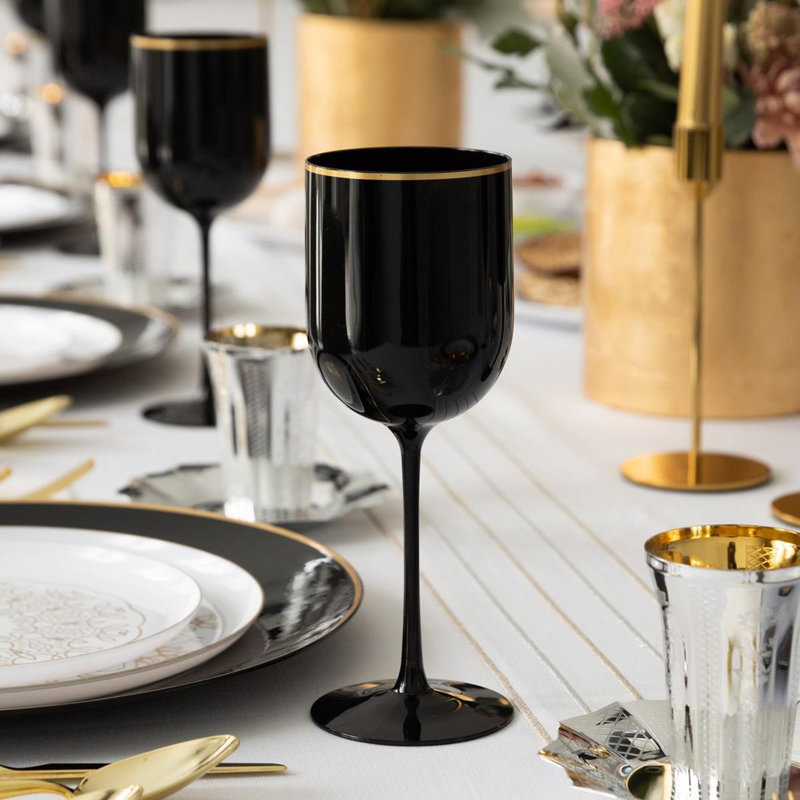 Elegant Black Plastic Wine Glasses with Gold Rim, Set of 15
