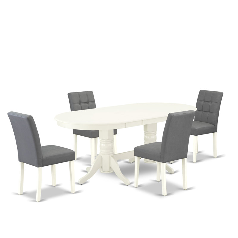 L'ensemble de table de salle à manger 5 pièces se compose d'une table de salle à manger moderne et de 4 chaises Mid-Century en similicuir gris platine avec dossier élégant - lin blanc