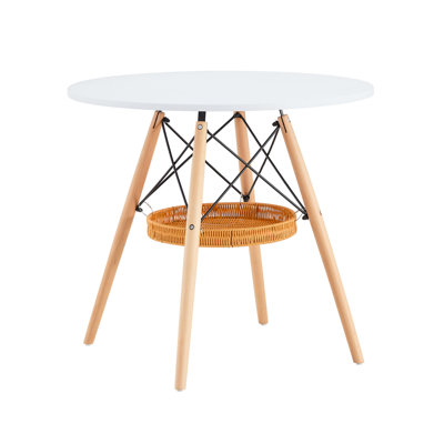 31.5-inch diameter circular dining table, white MDF vacuum formed tabletop, solid wood legs, with suspended woven storage basket structure. A casual coffee table suitable for 2-4 people.