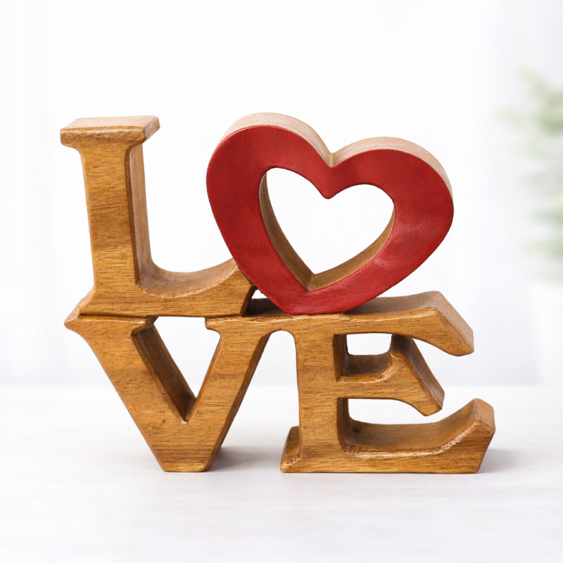 Elmija Handmade Sculpture of LOVE Word with Red Heart Valentines Day Wooden Art Piece for Home Decor