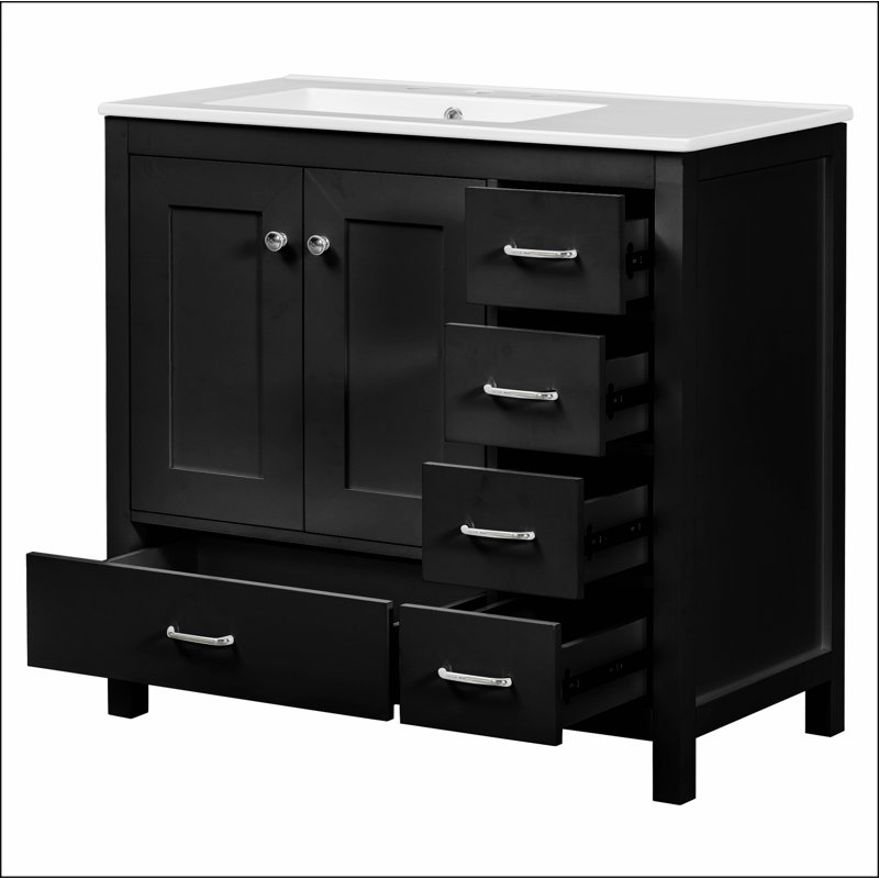 Ensemble de meuble-lavabo pour salle de bain avec lavabo en céramique et armoire de rangement, Noir, noir, noir, noir