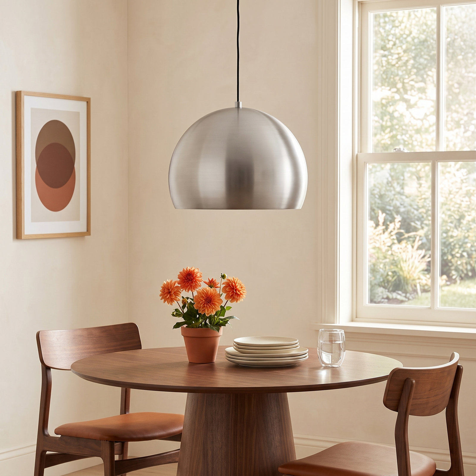 Nelle Single Light Metal Dimmable LED Pendant, 14.5" H x 19.75" W x 19.75" D, Satin Nickel/Black