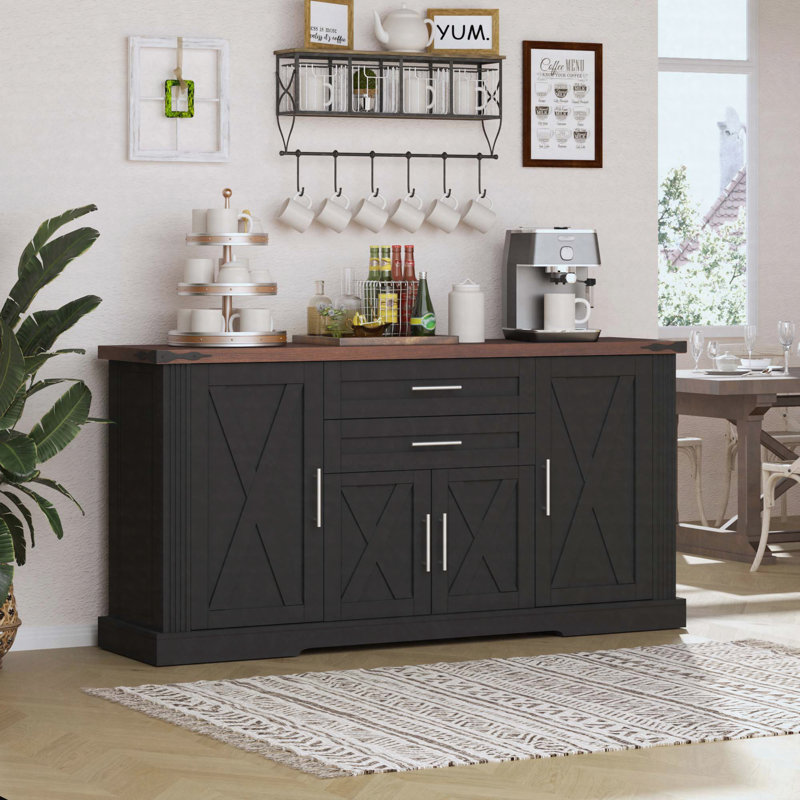 63" Farmhouse Barn Door Storage Cabinet with 2 Drawers and Door Rack, Buffet Coffee Bar Cabinet with Adjustable Shelves