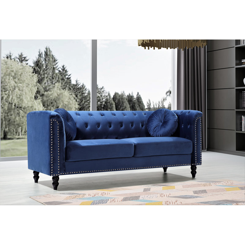Canapé Chesterfield 76 po, Velours bleu foncé