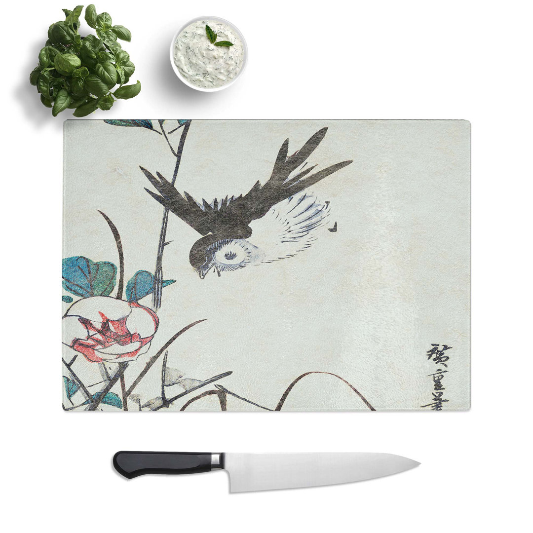Tempered Glass Roses and Sparrows by Utagawa Hiroshige Chopping Board
