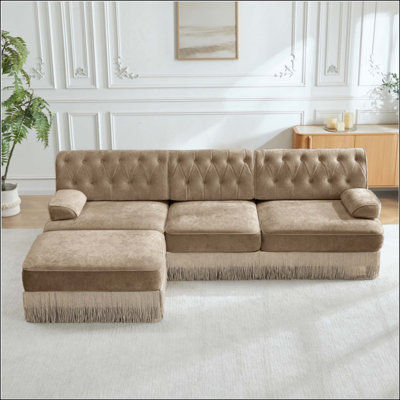 Tissu en velours 3 places de haute qualité, canapé modulaire en nuage, jupe à pampilles, conception capitonnée, mousse haute résilience à haute densité, facile à assembler, base en bois de qualité supérieure, pour le salon