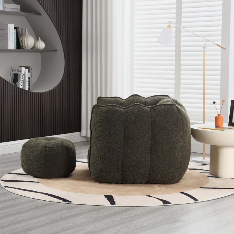 Comfortable Lazy Sofa with Footstool,Soft Bean Bag Chair for Living Room, Olive Green Chenille, 26" H x 42.5" W x 33.5" D