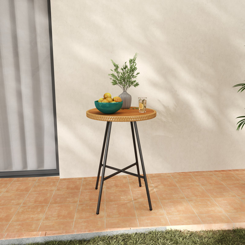 Patio Rattan Rock Slab Bar Table, Outdoor Round Small Bar Table For 4 People