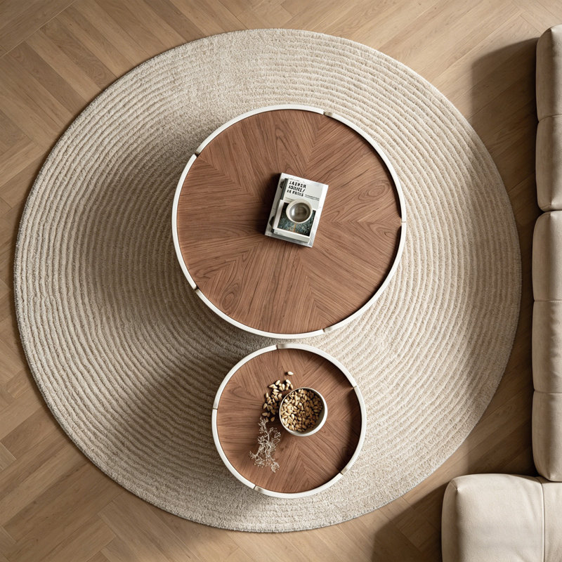 Ensemble de tables basses 2 pièces Modern Modern, table basse ronde en bois massif avec tiroir pour le salon et le bureau, crème et noyer