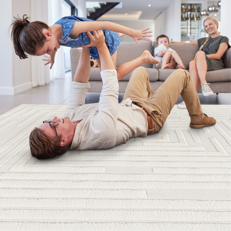 Tapis crème moderne et moderne 7 pi 9 po x 10 pi avec rayures géométriques pour la chambre à coucher et le salon