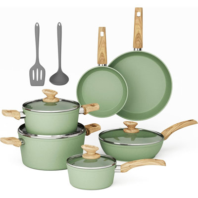 Pots and Pans Set Non Stick, 12 Piece Green Granite Kitchen Cookware Induction Compatible