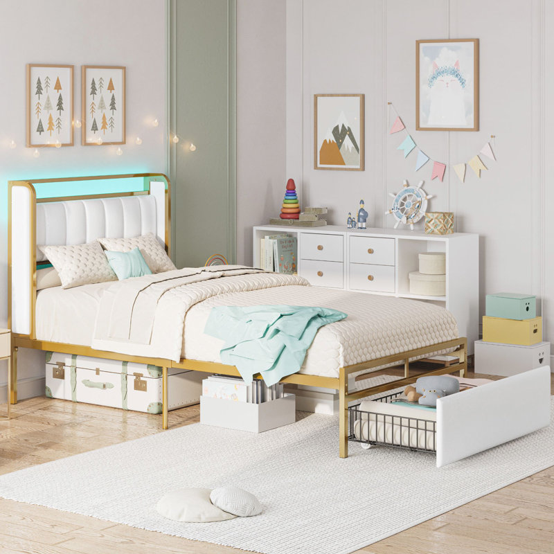 Omartin 45.4'' Bed Frame Twin Size with Armrests Headboard & RGB Light, Upholstered Twin Size Bed Platform with Drawers, Twin