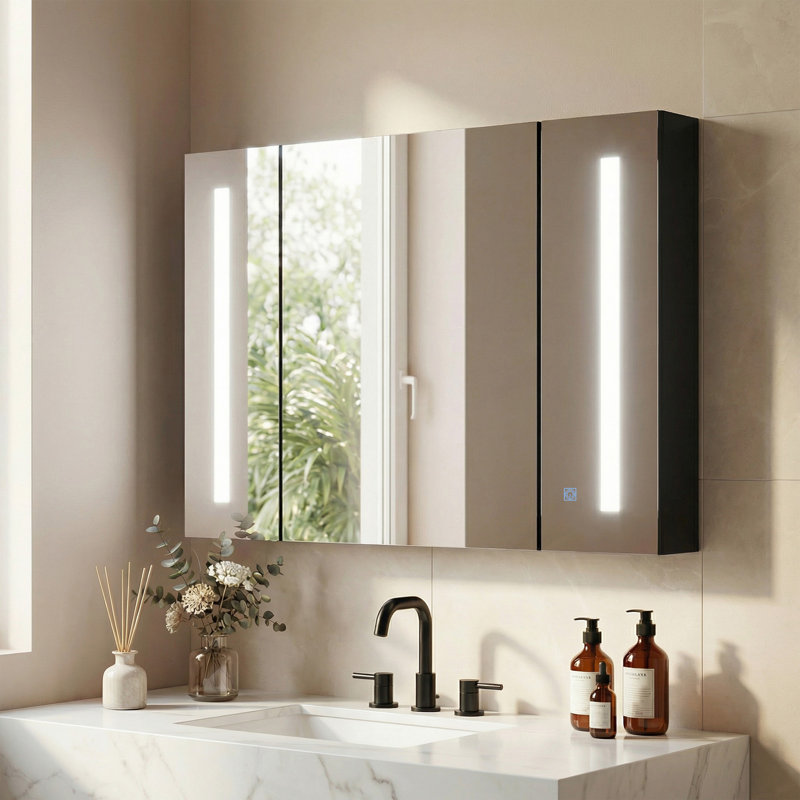 kleankin LED Bathroom Cabinet with Mirror Wall Mounted High Gloss Black