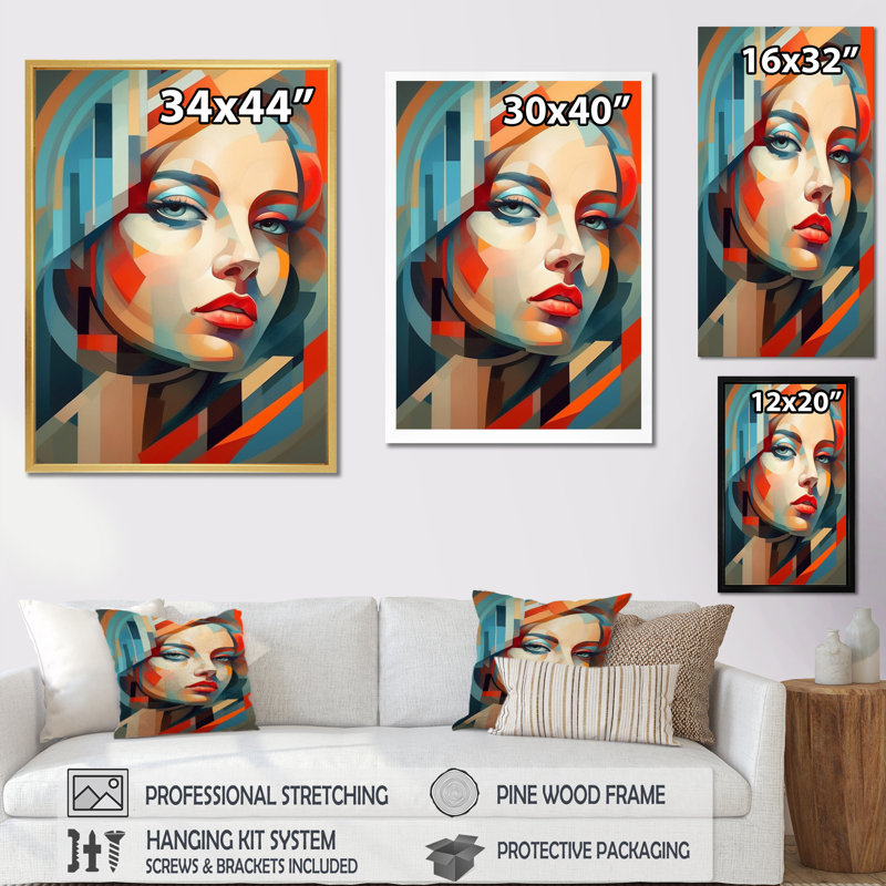 Portrait de femme pop cubique sur toile, H 32 po x l 24 po x P 1 po, Encadrement doré