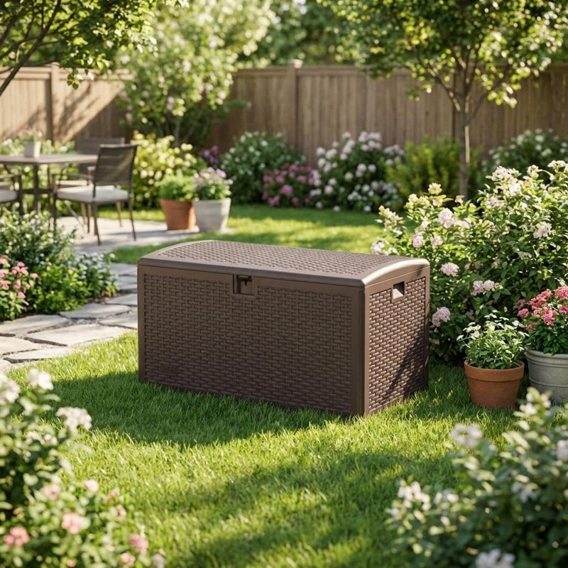 73 gal Resin Deck Box, Outdoor Storage Box with Lockable Lid & Weatherproof Design, Extra Large Patio Storage Container for Garden Tools, Pool Toys, Furniture Cushions