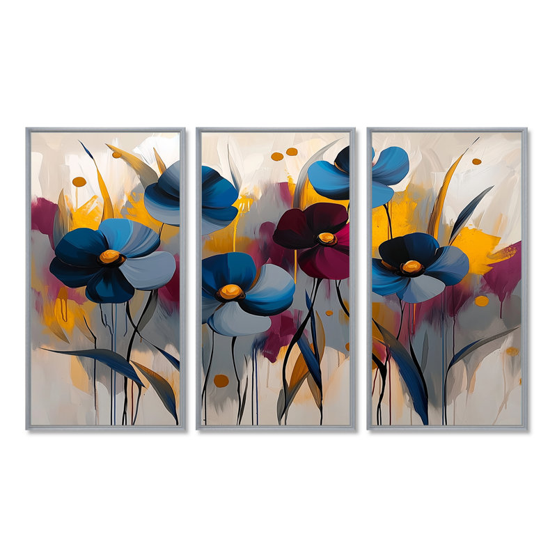 Ensemble de 3 fleurs murales rouges et bleues - bleuet pour salon - ensemble de 3, H 28 po x l 36 po, Argent argent
