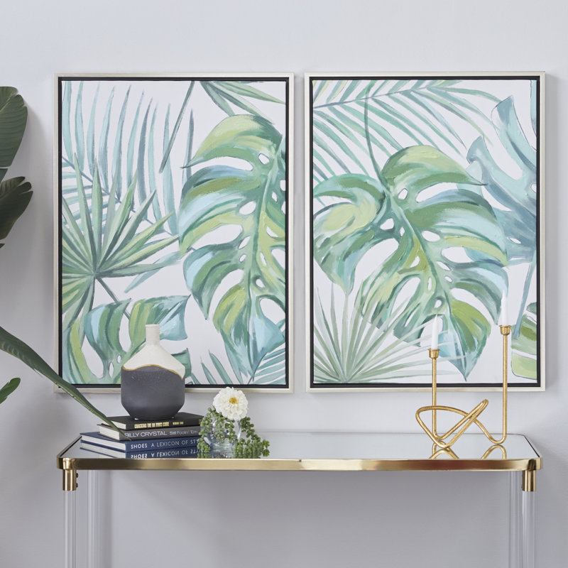 Green Tropical Leaf Framed Canvas Wall Art Set with Silver Frame