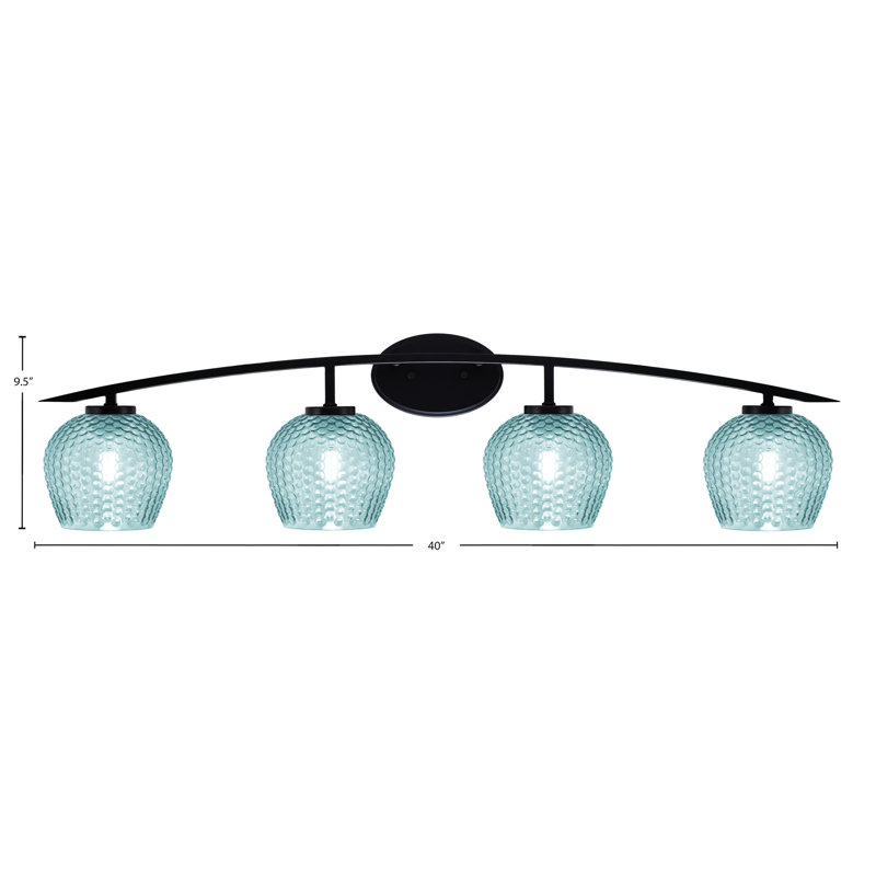 Barre d'éclairage de salle de bain 4 lumières avec verre texturé turquoise 6 po, Noir mat