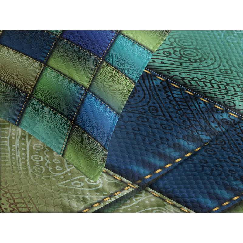 King Size Blue Green Quilted Bedspread Set