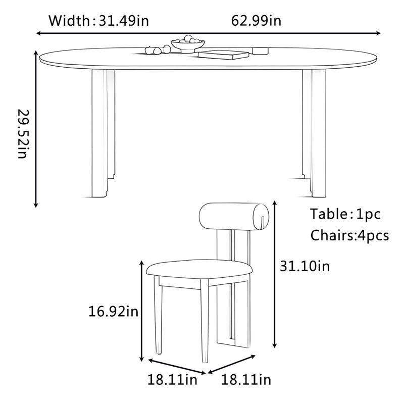 Ensemble de table et chaises de salle à manger French Vintage, H 29,52 po x L 62,99 po x l 31,49 po