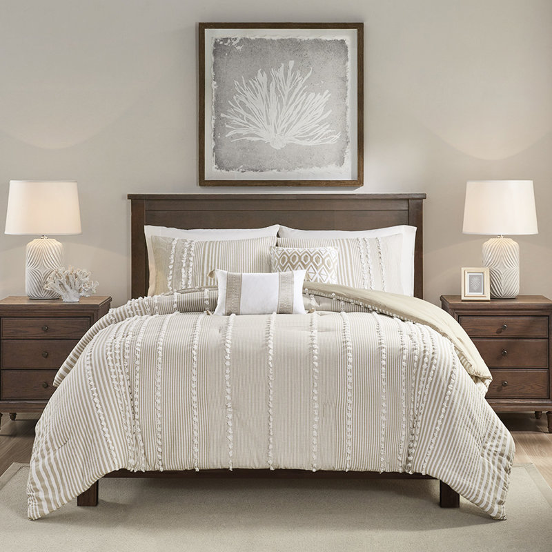 Édredon 3 pièces en coton teinté - rayures taupe