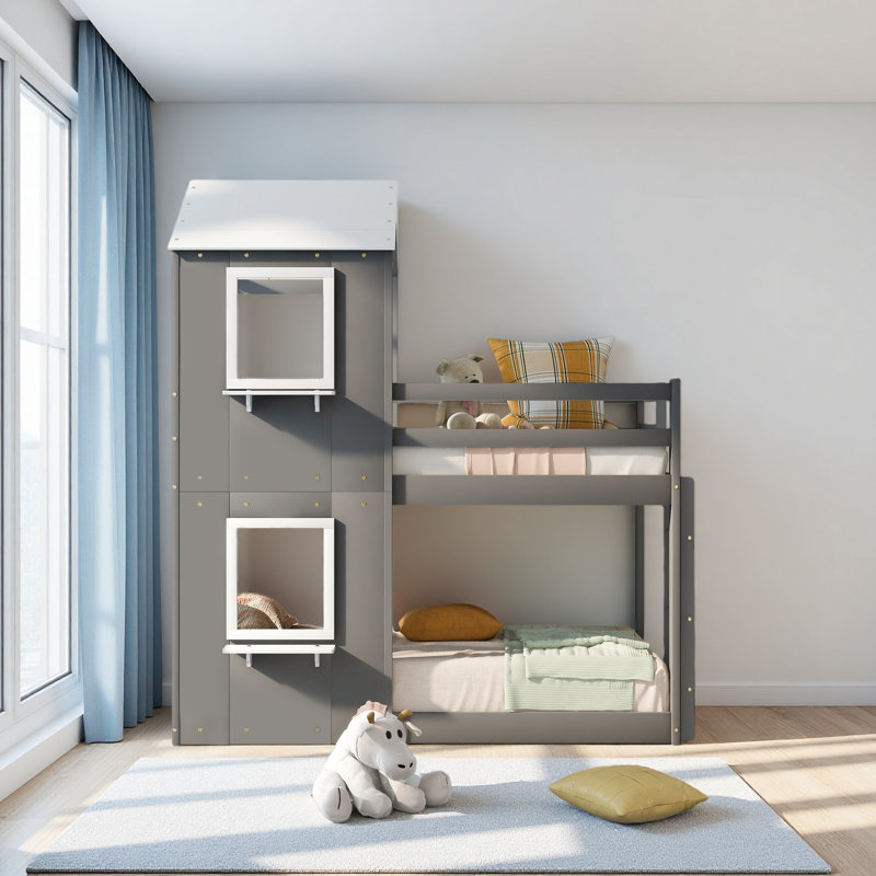 Lit superposé simple au-dessus d'un lit simple en bois avec toit, fenêtre, garde-corps et échelle, Gris