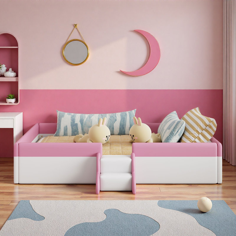 Upholstered Daybed Frame With Fence And Stairs, Full, Pink