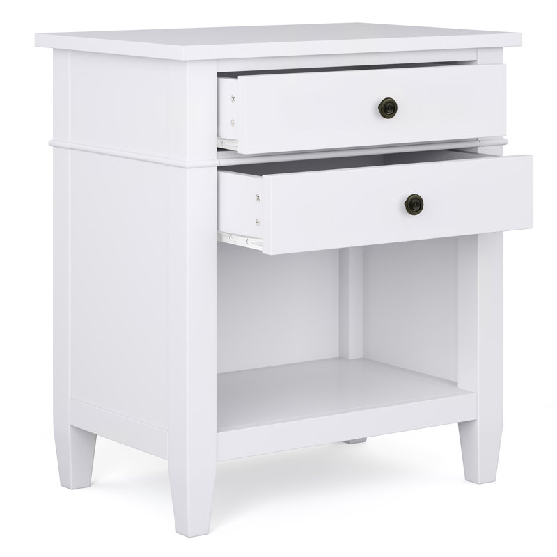 Table de chevet transitionnelle en bois massif l 24 po Carlton avec 2 tiroirs, tablette de rangement ouverte et quincaillerie bronze