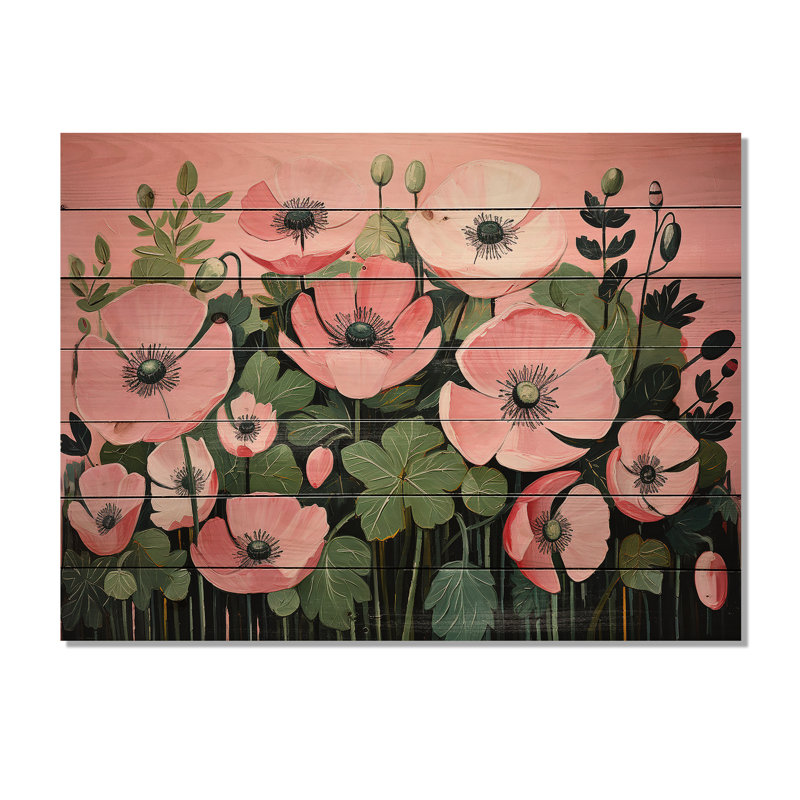 Minimalisme rose et vert coquelicots - coquelicots sur bois, H 30 po x l 40 po x P 0,78 po