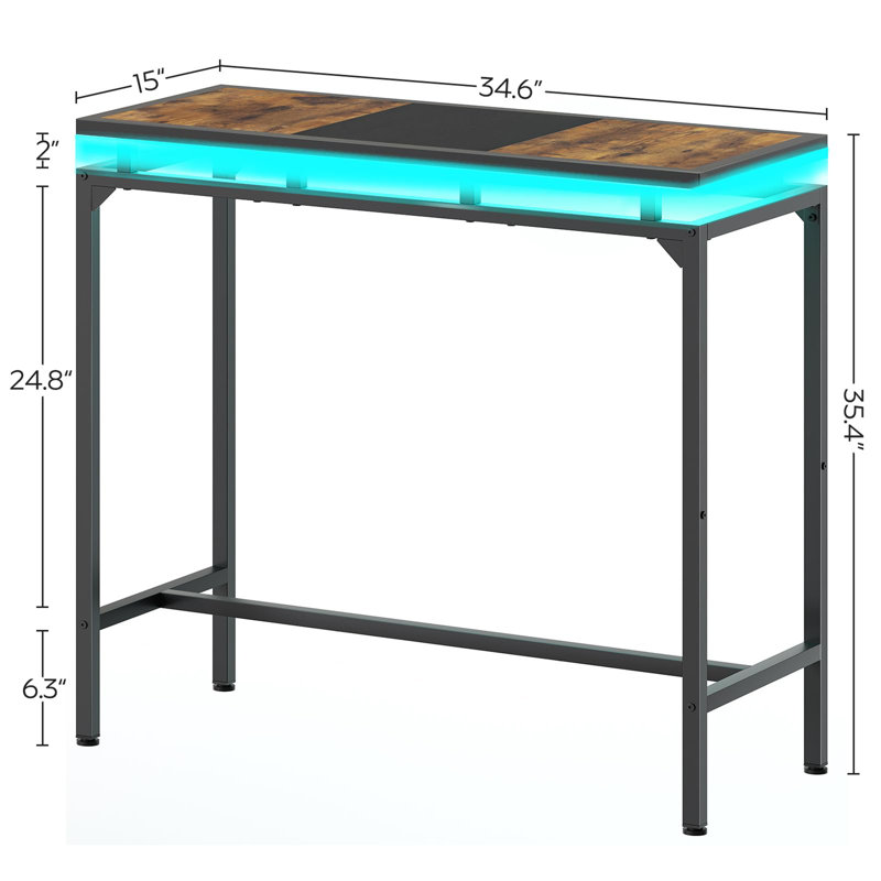 34.6" Bar Table with LED Lights, Rustic Brown/Black