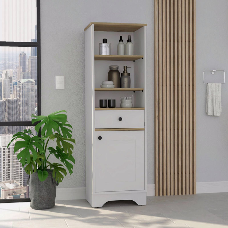 Single Door Cabinet 55" H, Three External Shelves, One Drawer, Two Interior Shelves, White