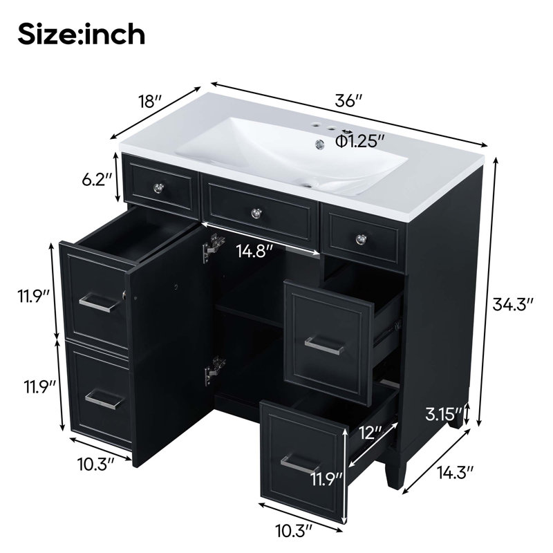 Ensemble de meuble-lavabo de salle de bain 36 "avec comptoir de lavabo, noir, lavabo simple, armoire avec porte à fermeture douce et 3 tiroirs