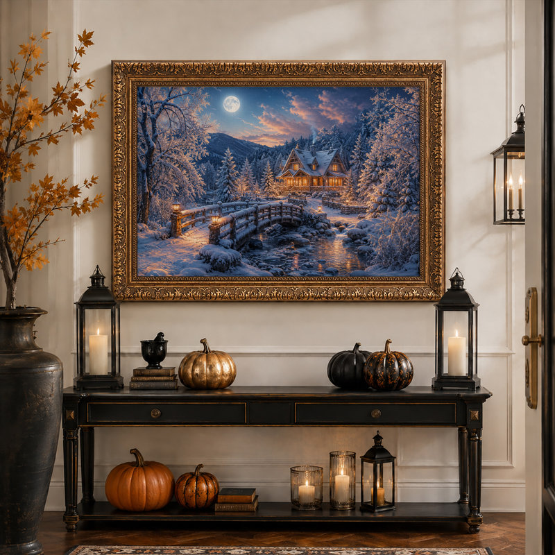 Cabane d'hiver avec fenêtres illuminées et pont en bois - Toile murale d'Halloween, 20"H x 30"W
