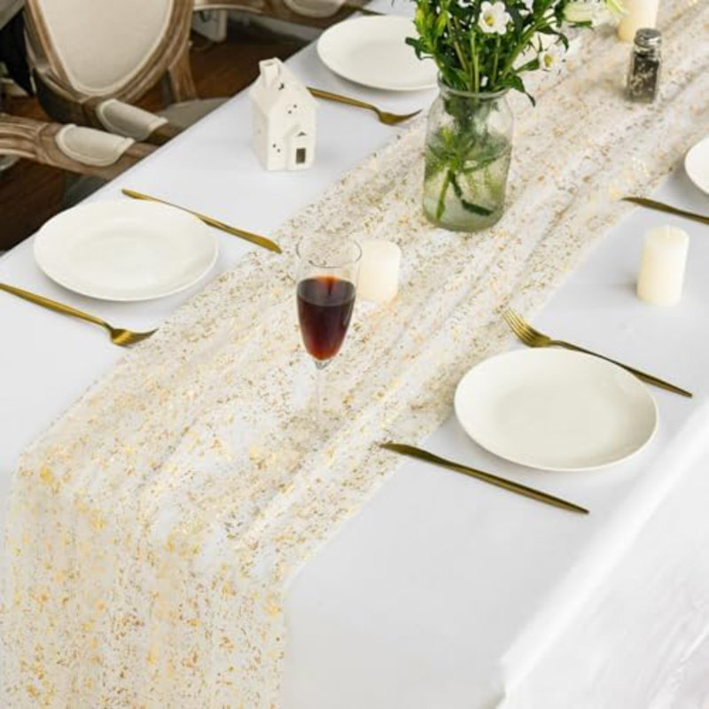 3 pièces de chemin de table en gaze beige doré 120 pouces 10 pi, feuille métallique scintillante diaphane, anniversaire de mariage, fête d'anniversaire, décoration de table pour la fête à la maison