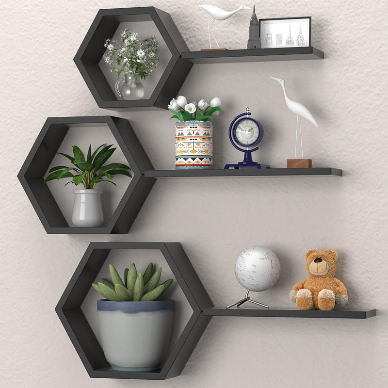 Hexagon Floating Shelves Set Of 6, Geometric Wall Shelves With Honeycomb Design For Modern Rustic Home Decor And Storage Solutions