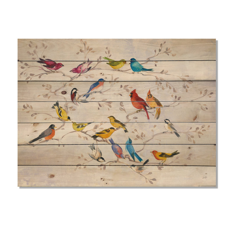 Oiseau multicolore sur arbre - impression de campagne moderne sur bois de pin naturel, H 30 po x l 40 po x P 1,5 po