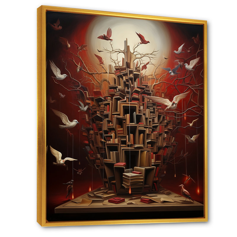 Bibliothèque The Minds, surréalisme sur toile, Cadre flottant doré, H 40 po x l 30 po x P 1,5 po