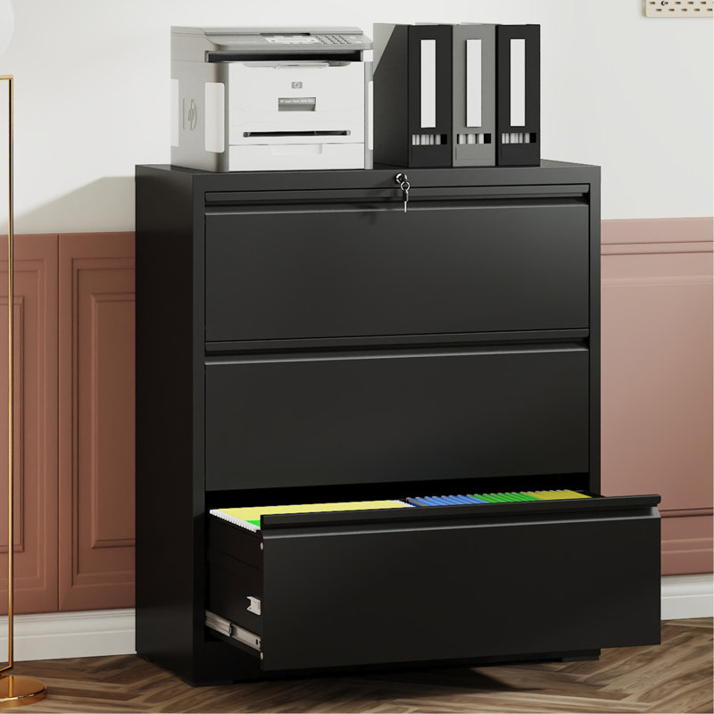 Classeur à 3 tiroirs avec serrure pour bureau à domicile - Fabrication en métal, glissières silencieuses à pleine extension, 110 lb par tiroir, tiroir latéral verrouillable noir mat