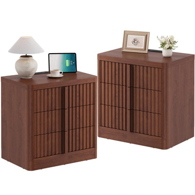 Fluted Nightstand Set Of 2 With Charging Station, 23.6" Bedside Table With 3 Storage Drawers, Wood Handle For Bedroom, Living Room, Walnut