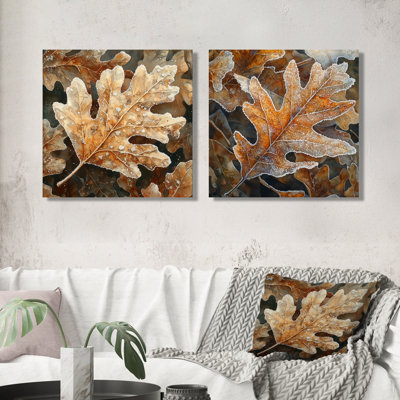 Frosty Oak Leaf I - feuilles, art mural - art mural traditionnel pour le salon, 2 pièces