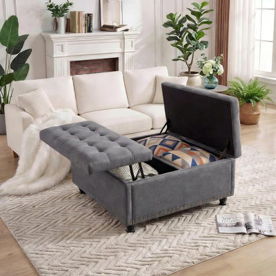 Grand pouf de rangement carrÃ© de 36 po avec couvercle relevable et capacitÃ© de 300 lb, banc-table Ã  cafÃ© rembourrÃ© capitonnÃ© avec pieds en bois pour le salon ou la chambre Ã  coucher