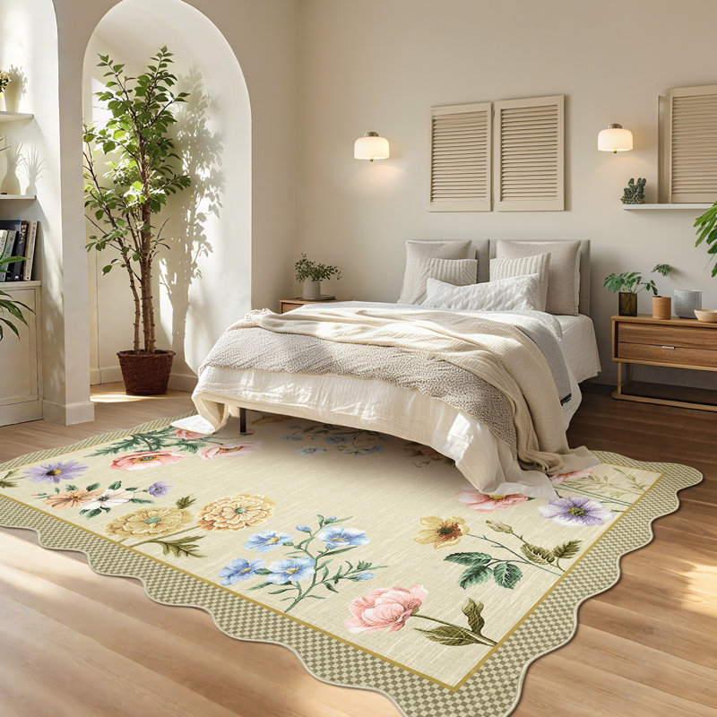 Scalloped Rug Machine Washable Floral Living Room Rugs Non Slip Bedroom Carpet for Nursery Dining Room Dorm Office, Yellow