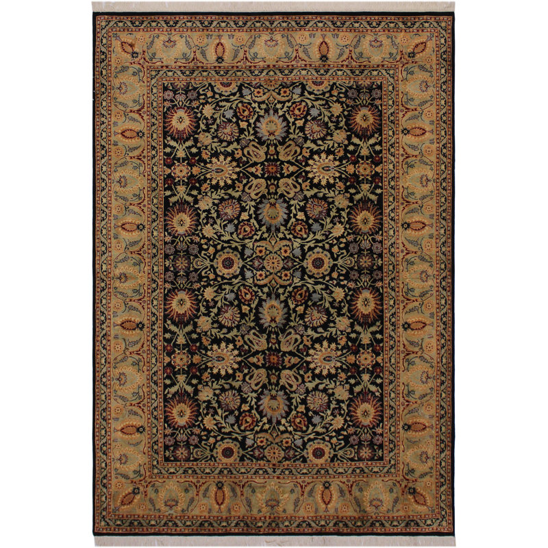 Tapis oriental noir / beige / bleu en laine noué à la main 6 pi 2 po x 9 pi Cowles