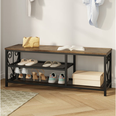 Banc d'entrée brun rustique, banc de 47,5 pouces de largeur en bois vif avec étagère à chaussures à 2 niveaux, structure en métal robuste et plateau en bois, organisateur de rangement multifonctionnel pour le couloir, la chambre à coucher et le salon