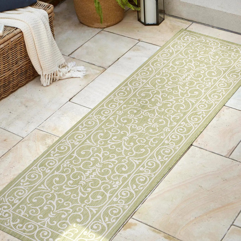 Tapis d'intérieur / extérieur vert / crème Dauphinais, Tapis de couloir 2 pi 2 po x 10 pi