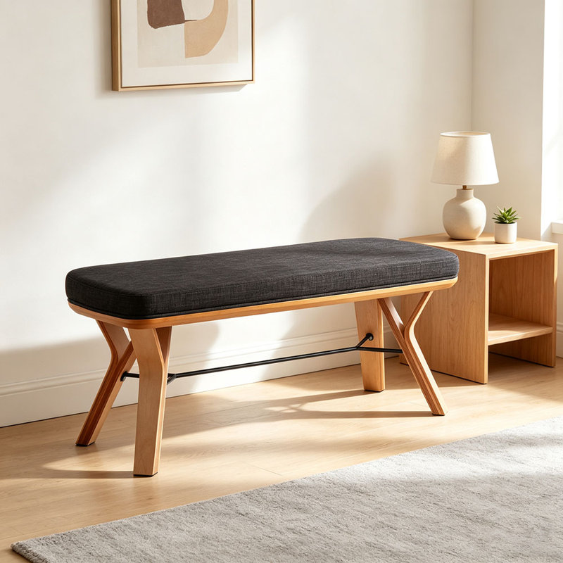 Banc en bois naturel Folia Mid-Century, Gris anthracite + naturel, Gris anthracite