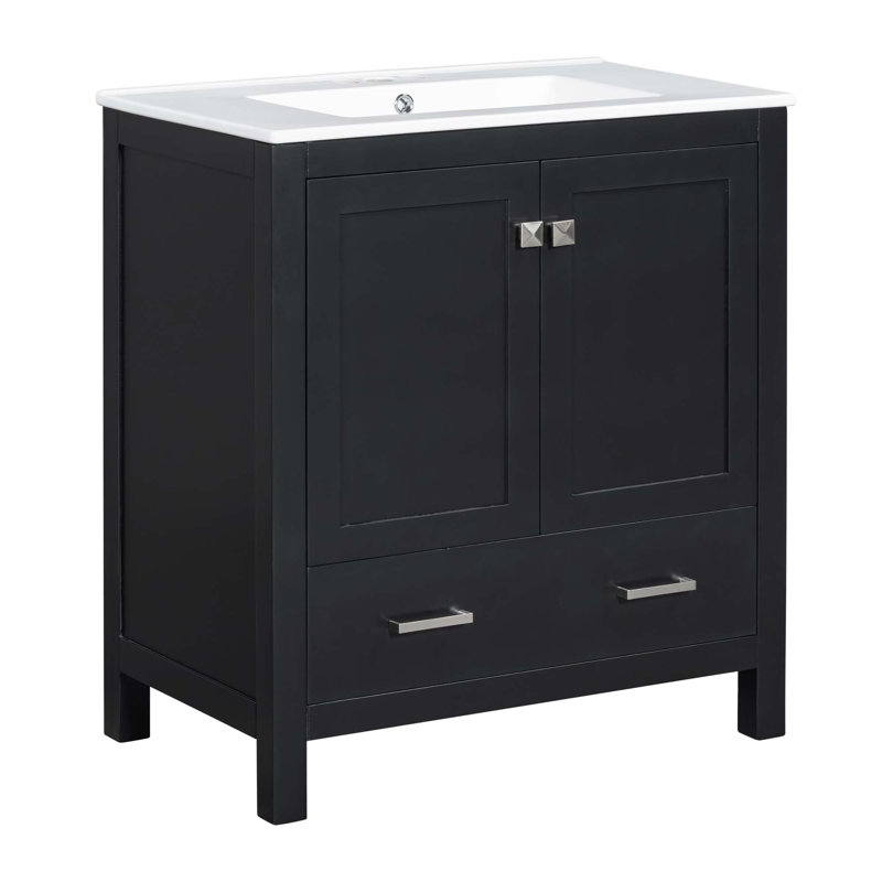 Meuble-lavabo avec lavabo simple, 2 portes à fermeture douce et 1 tiroir, Noir, Nickel brossé