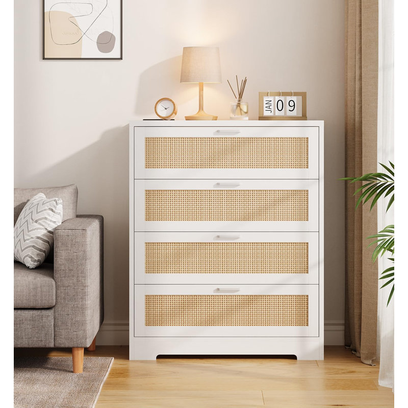 Commode 4 tiroirs pour chambre à coucher, commode en rotin, Blanc